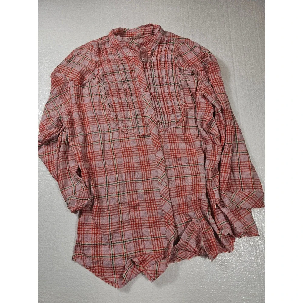 New Free People Intimately Plaid Pajama Set Pink Orange Smocked Waist Small